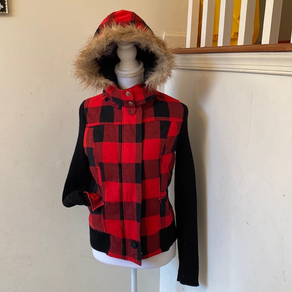 j.j basics Jackets & Blazers - Red and Black Paid Sweater with detachable Hood